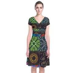 Digitally Created Abstract Patchwork Collage Pattern Short Sleeve Front Wrap Dress by Nexatart