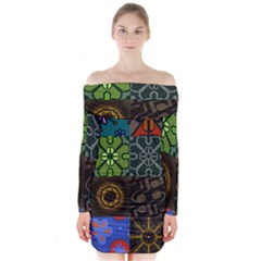 Digitally Created Abstract Patchwork Collage Pattern Long Sleeve Off Shoulder Dress by Nexatart