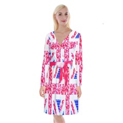 British Flag Abstract British Union Jack Flag In Abstract Design With Flowers Long Sleeve Velvet Front Wrap Dress