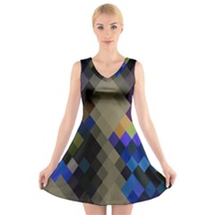 Background Of Blue Gold Brown Tan Purple Diamonds V-neck Sleeveless Skater Dress by Nexatart