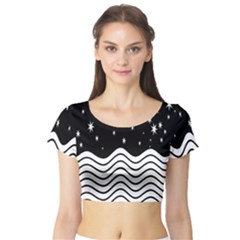 Black And White Waves And Stars Abstract Backdrop Clipart Short Sleeve Crop Top (tight Fit) by Nexatart