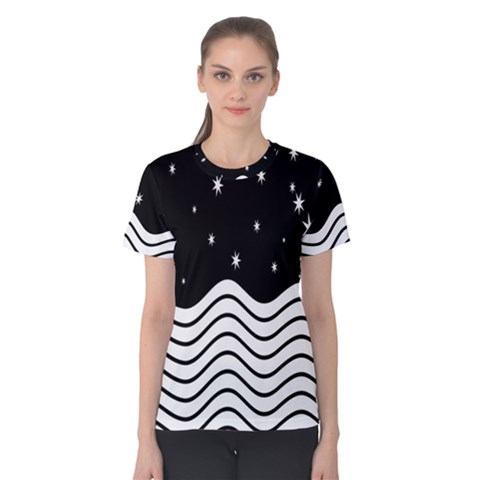 Black And White Waves And Stars Abstract Backdrop Clipart Women s Cotton Tee by Nexatart