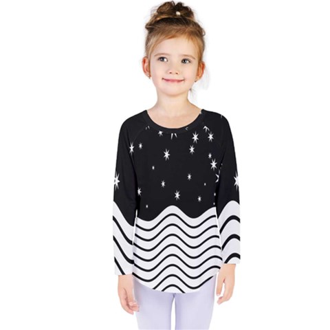 Black And White Waves And Stars Abstract Backdrop Clipart Kids  Long Sleeve Tee by Nexatart