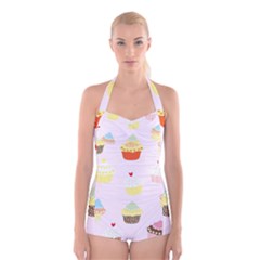 Seamless Cupcakes Wallpaper Pattern Background Boyleg Halter Swimsuit  by Nexatart