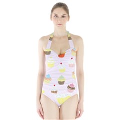 Seamless Cupcakes Wallpaper Pattern Background Halter Swimsuit by Nexatart