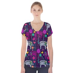 Love Colorful Elephants Background Short Sleeve Front Detail Top by Nexatart