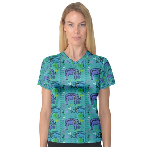 Elephants Animals Pattern Women s V-neck Sport Mesh Tee by Nexatart