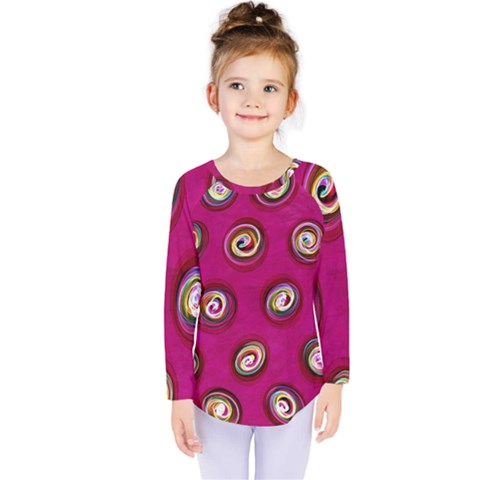 Digitally Painted Abstract Polka Dot Swirls On A Pink Background Kids  Long Sleeve Tee by Nexatart