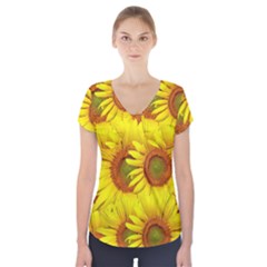 Sunflowers Background Wallpaper Pattern Short Sleeve Front Detail Top by Nexatart