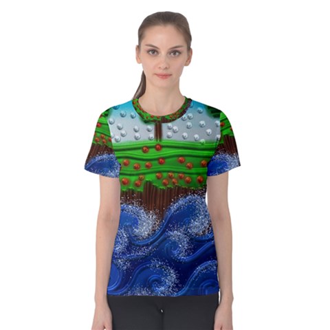 Beaded Landscape Textured Abstract Landscape With Sea Waves In The Foreground And Trees In The Background Women s Cotton Tee by Nexatart