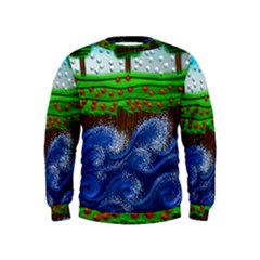 Beaded Landscape Textured Abstract Landscape With Sea Waves In The Foreground And Trees In The Background Kids  Sweatshirt by Nexatart