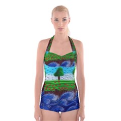 Beaded Landscape Textured Abstract Landscape With Sea Waves In The Foreground And Trees In The Background Boyleg Halter Swimsuit  by Nexatart