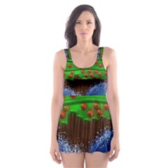 Beaded Landscape Textured Abstract Landscape With Sea Waves In The Foreground And Trees In The Background Skater Dress Swimsuit by Nexatart