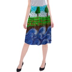 Beaded Landscape Textured Abstract Landscape With Sea Waves In The Foreground And Trees In The Background Midi Beach Skirt by Nexatart