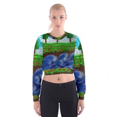 Beaded Landscape Textured Abstract Landscape With Sea Waves In The Foreground And Trees In The Background Cropped Sweatshirt by Nexatart