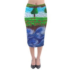 Beaded Landscape Textured Abstract Landscape With Sea Waves In The Foreground And Trees In The Background Velvet Midi Pencil Skirt by Nexatart