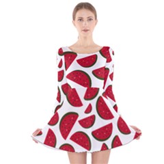 Fruit Watermelon Seamless Pattern Long Sleeve Velvet Skater Dress by Nexatart