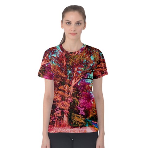 Abstract Fall Trees Saturated With Orange Pink And Turquoise Women s Cotton Tee by Nexatart