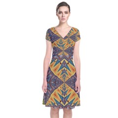 Kaleidoscopic Pattern Colorful Kaleidoscopic Pattern With Fabric Texture Short Sleeve Front Wrap Dress by Nexatart