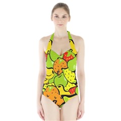 Digitally Created Funky Fruit Wallpaper Halter Swimsuit by Nexatart