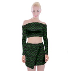 Green Black Pattern Abstract Off Shoulder Top With Skirt Set by Nexatart