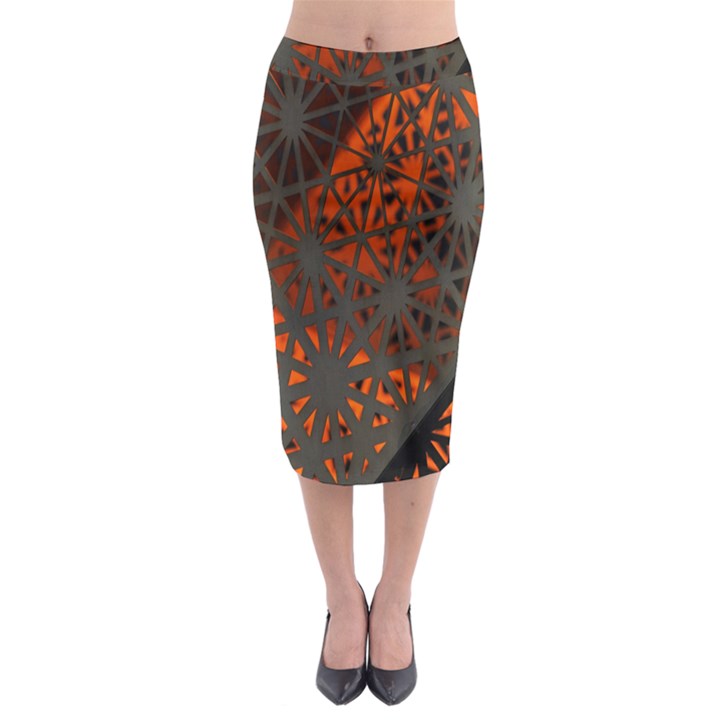 Abstract Lighted Wallpaper Of A Metal Starburst Grid With Orange Back Lighting Midi Pencil Skirt