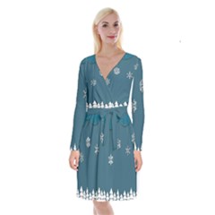 Blue Snowflakes Christmas Trees Long Sleeve Velvet Front Wrap Dress by Mariart