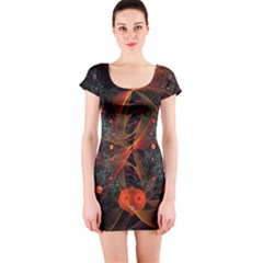 Fractal Wallpaper With Dancing Planets On Black Background Short Sleeve Bodycon Dress by Nexatart