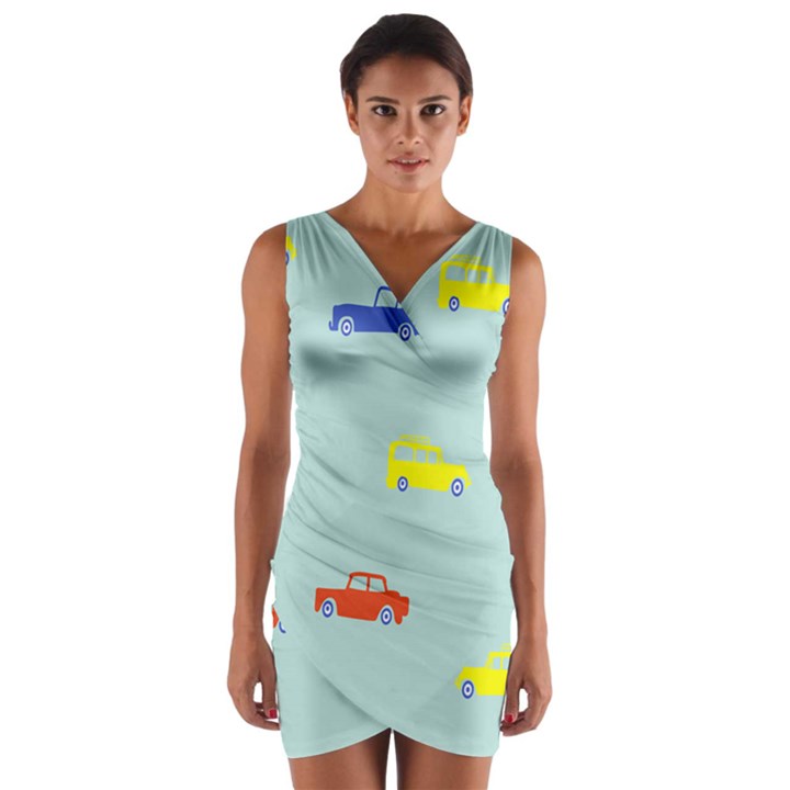 Car Yellow Blue Orange Wrap Front Bodycon Dress