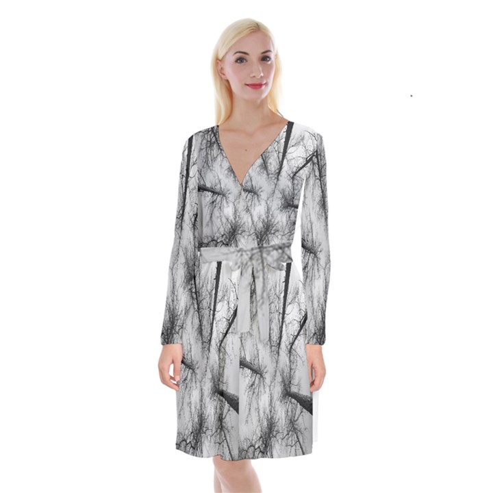 Trees Without Leaves Long Sleeve Velvet Front Wrap Dress