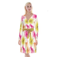 Frangipani Flower Floral White Pink Yellow Long Sleeve Velvet Front Wrap Dress by Mariart