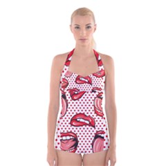 Lipstick Lip Red Polka Dot Circle Boyleg Halter Swimsuit  by Mariart