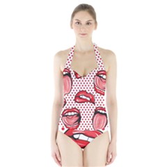 Lipstick Lip Red Polka Dot Circle Halter Swimsuit by Mariart