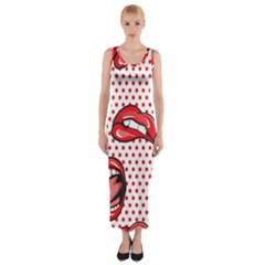 Lipstick Lip Red Polka Dot Circle Fitted Maxi Dress by Mariart