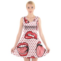 Lipstick Lip Red Polka Dot Circle V-neck Sleeveless Skater Dress by Mariart