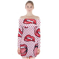 Lipstick Lip Red Polka Dot Circle Long Sleeve Off Shoulder Dress