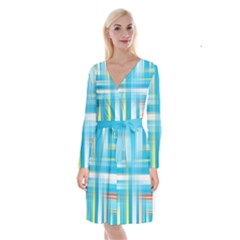 Lines Blue Stripes Long Sleeve Velvet Front Wrap Dress by Mariart