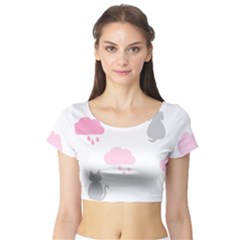 Raining Cats Dogs White Pink Cloud Rain Short Sleeve Crop Top (tight Fit) by Mariart