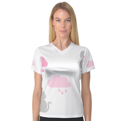 Raining Cats Dogs White Pink Cloud Rain Women s V-neck Sport Mesh Tee by Mariart