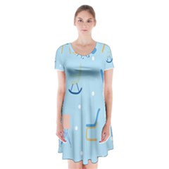 Seat Blue Polka Dot Short Sleeve V-neck Flare Dress by Mariart