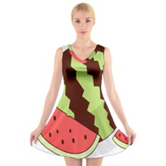 Watermelon Slice Red Green Fruite Circle V-neck Sleeveless Skater Dress by Mariart