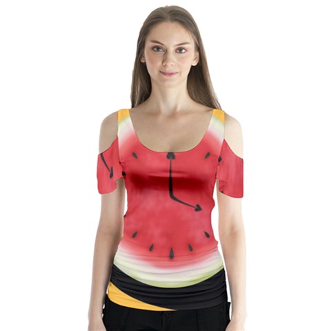 Watermelon Slice Red Orange Green Black Fruite Time Butterfly Sleeve Cutout Tee  by Mariart