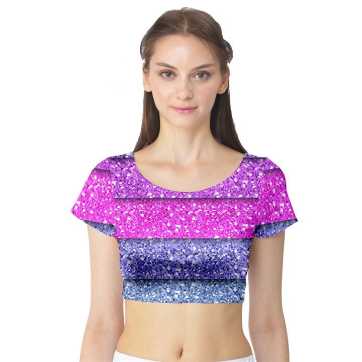 Violet Girly Glitter Pink Blue Short Sleeve Crop Top (Tight Fit)