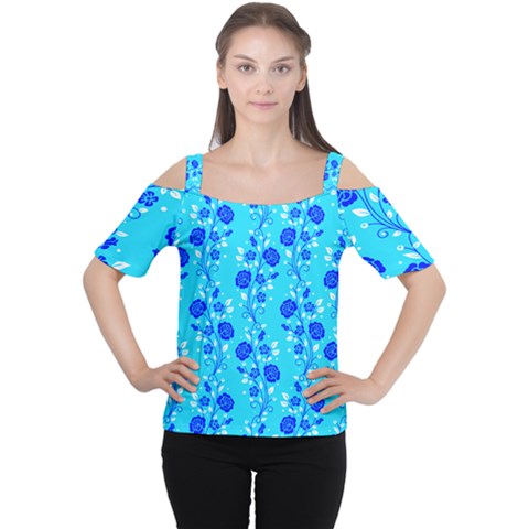 Vertical Floral Rose Flower Blue Women s Cutout Shoulder Tee by Mariart