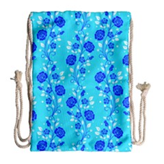 Vertical Floral Rose Flower Blue Drawstring Bag (large) by Mariart