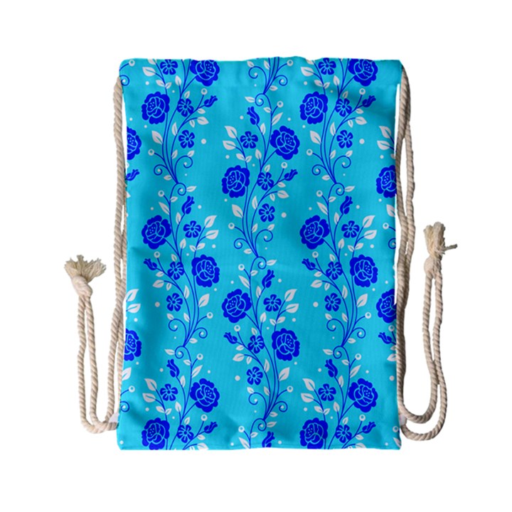 Vertical Floral Rose Flower Blue Drawstring Bag (Small)