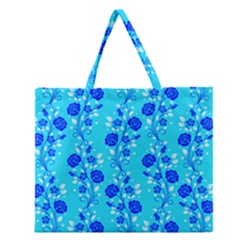 Vertical Floral Rose Flower Blue Zipper Large Tote Bag by Mariart