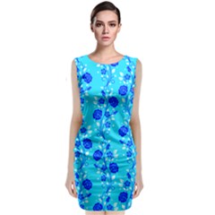 Vertical Floral Rose Flower Blue Classic Sleeveless Midi Dress by Mariart