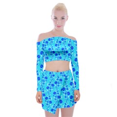 Vertical Floral Rose Flower Blue Off Shoulder Top With Skirt Set by Mariart