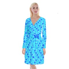 Vertical Floral Rose Flower Blue Long Sleeve Velvet Front Wrap Dress